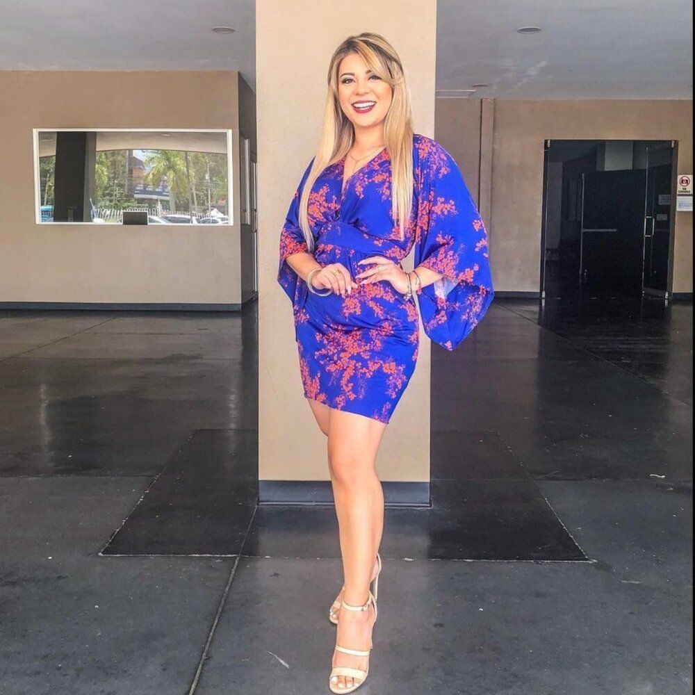 T Bags XS Blue Floral Kimono Mini Stretchy Dress Coquette Waist Tie Sexy Boho